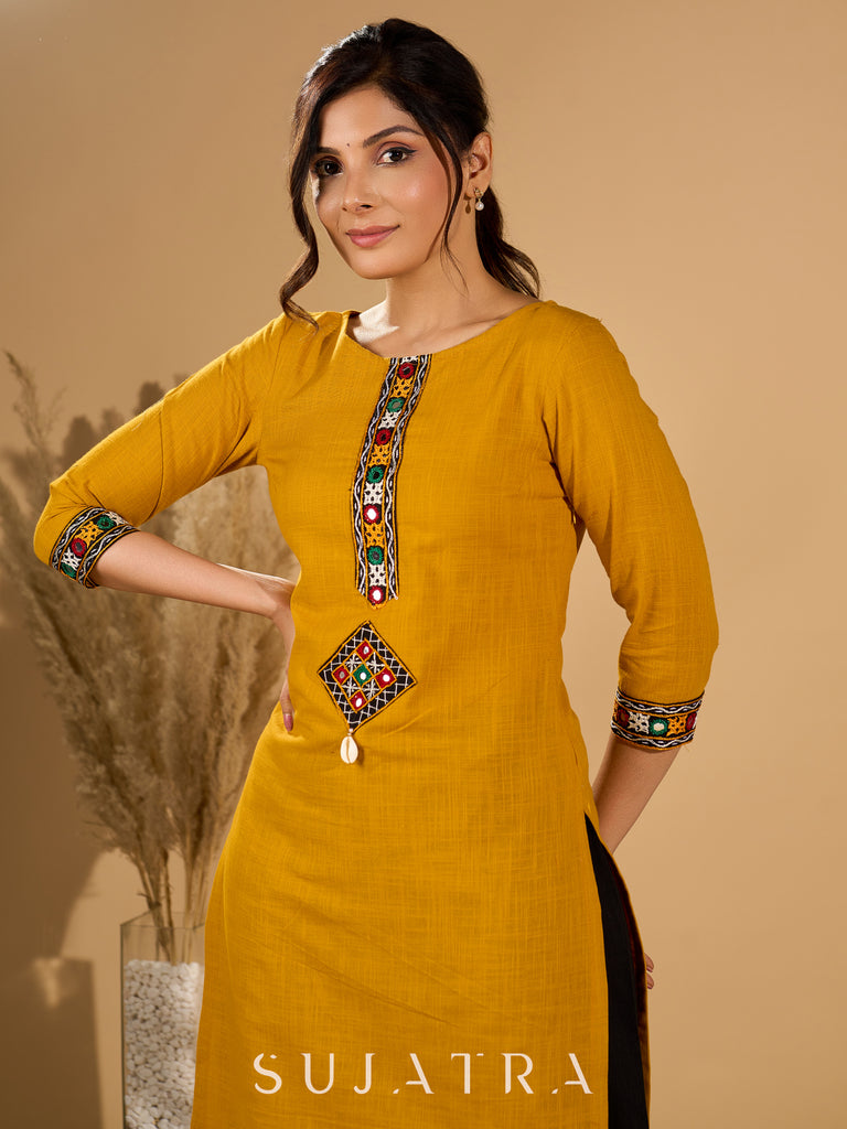 Mellow Mustard Kurta with Mirror Magic Sleeves and Placket