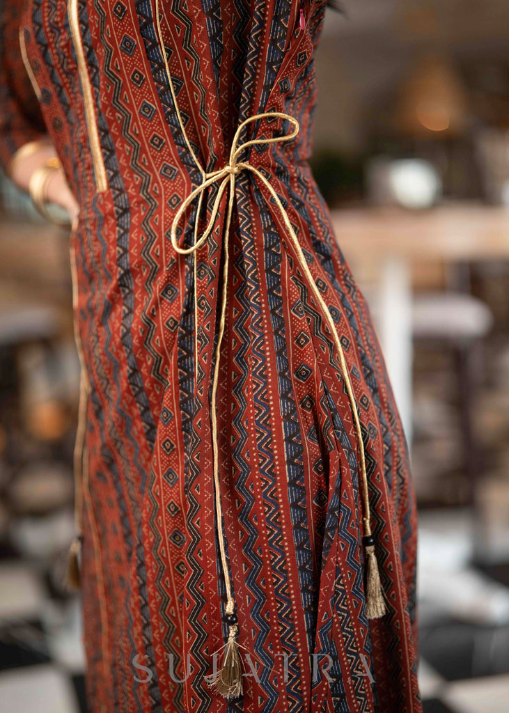 Trendy Maroon Printed A Line Kurta With Side Gold Dori Detailing - Pant Optional