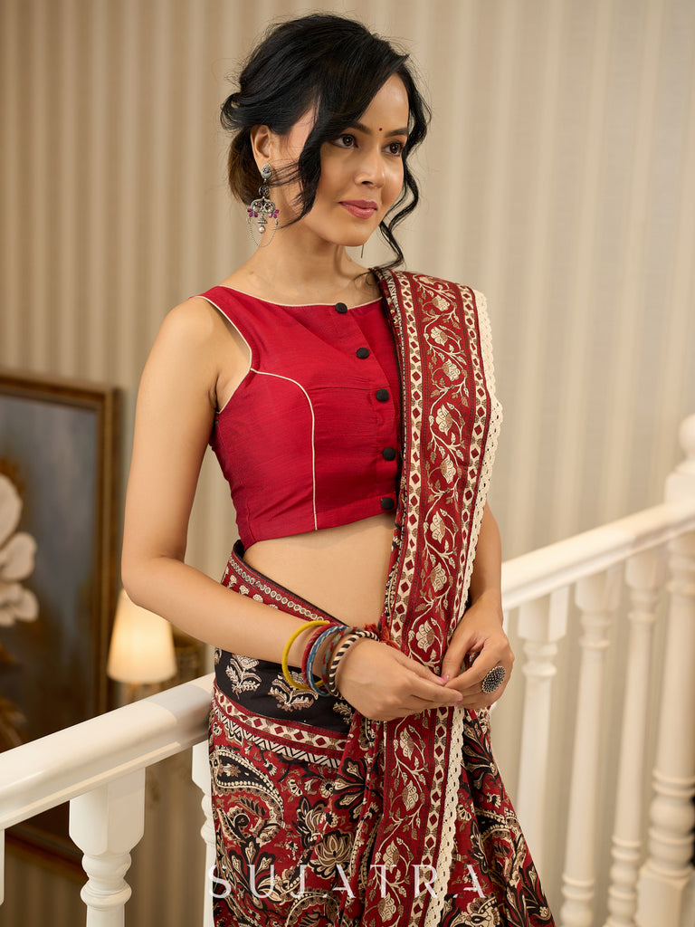Maroon magic in bold paisley hand block prints on cotton saree