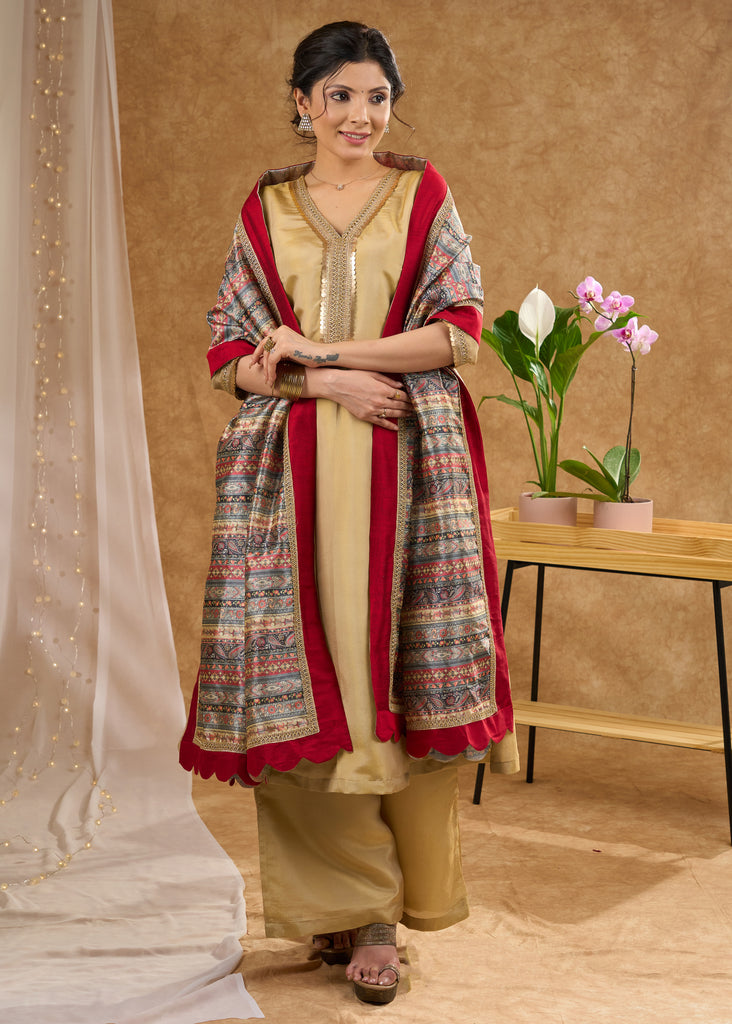 Subtle golden tissue A line kurta with tissue pant Dupatta optional