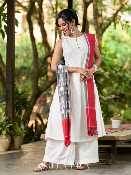 Graceful Grey & Red Combination Ikat Cotton Dupatta