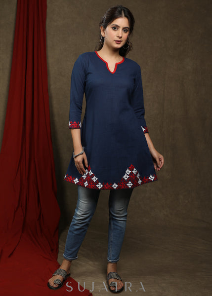 Casual navy blue cotton tunic with embroidery