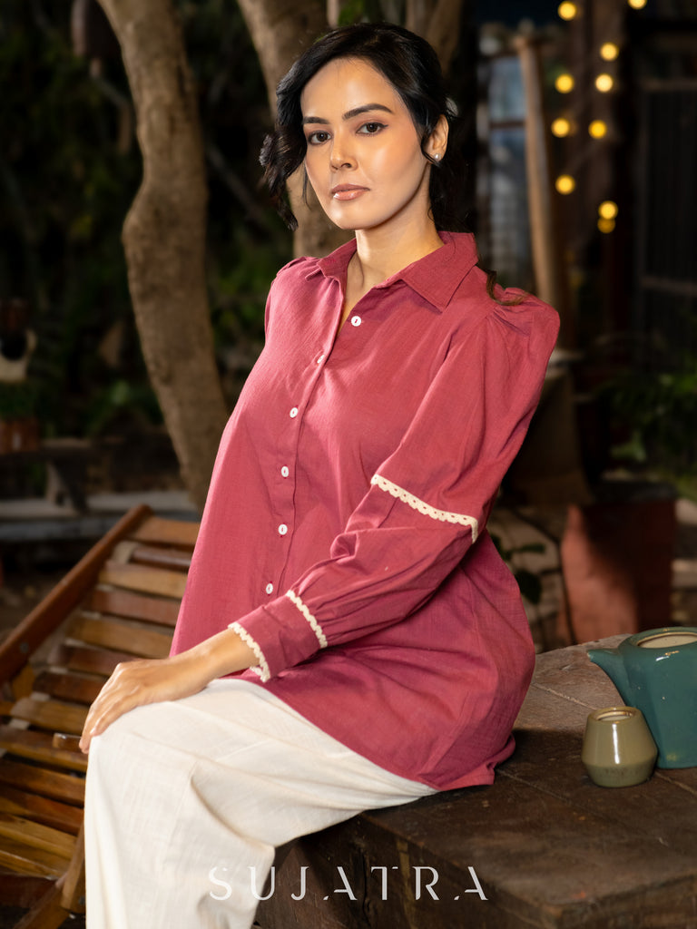 Majestic Magenta Cotton Shirt with Puffy Sleeves & Delicate Crochet Lace Embellishments