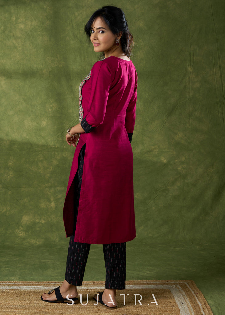 Classic Magenta Cotton Silk Kurta With Hand Painted Madhubani Panel - Pant Additional