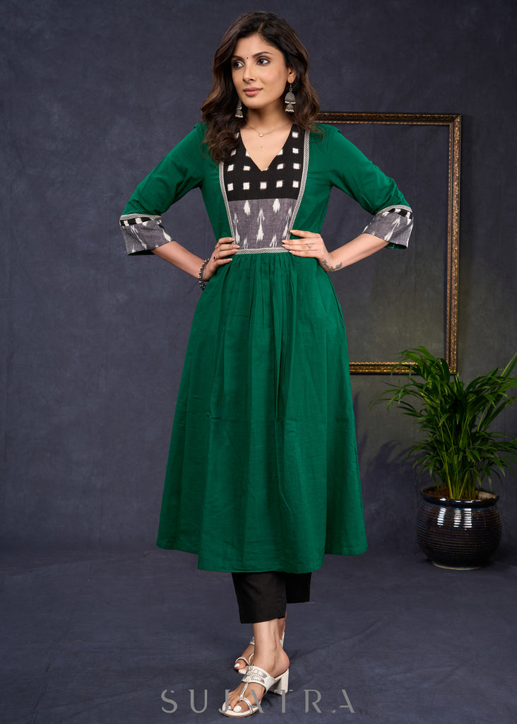 Elegant-Bottle-Green-Cotton-A-Line-Kurta-Highlighted-With-Ikat-Combination--Pant-Optional