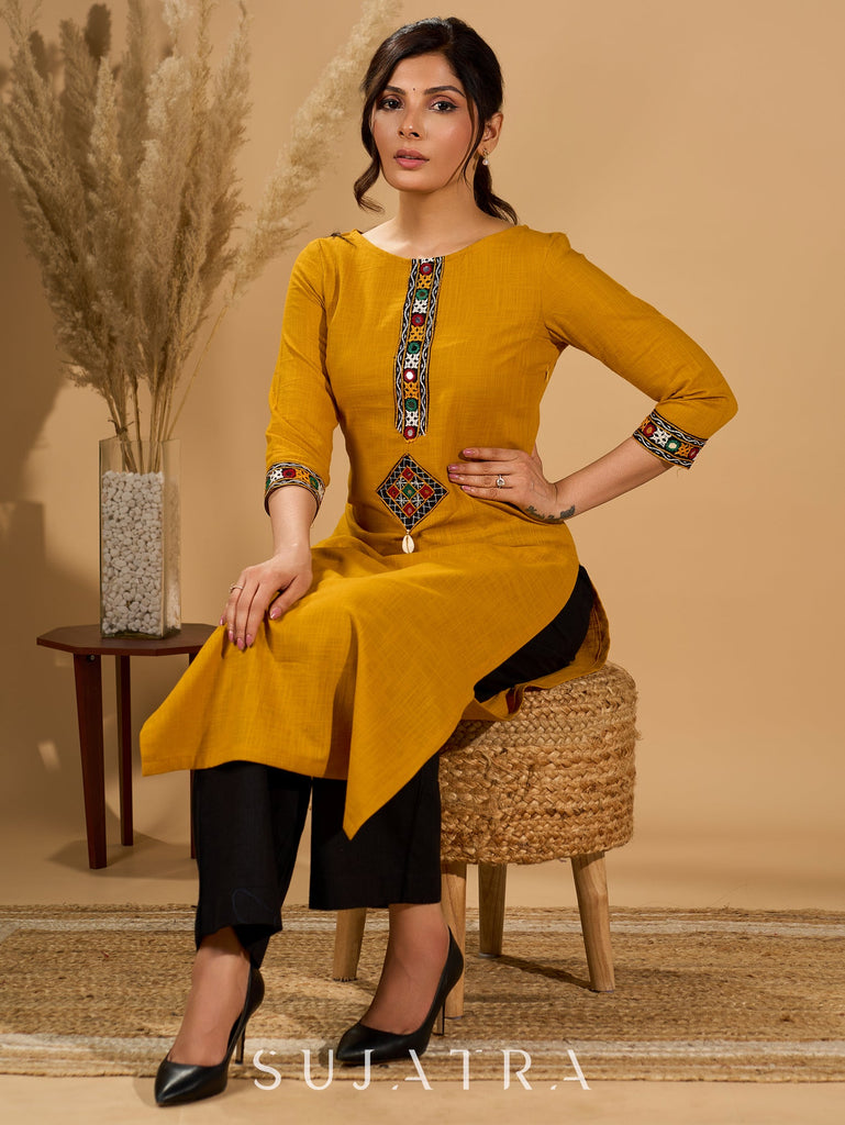 Mellow Mustard Kurta with Mirror Magic Sleeves and Placket