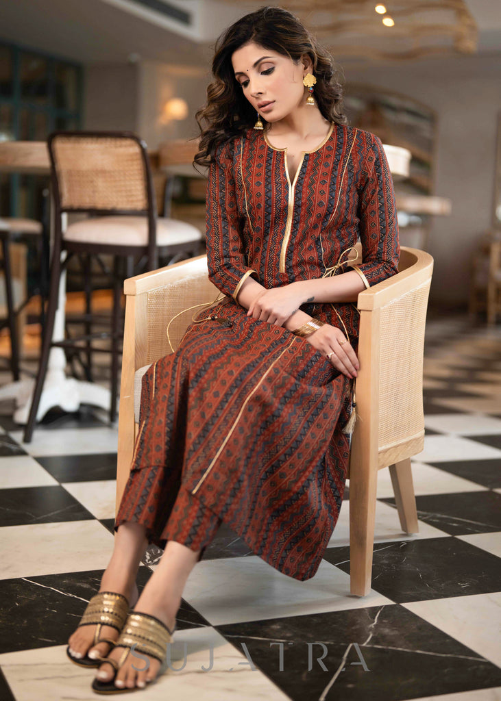 Trendy Maroon Printed A Line Kurta With Side Gold Dori Detailing - Pant Optional