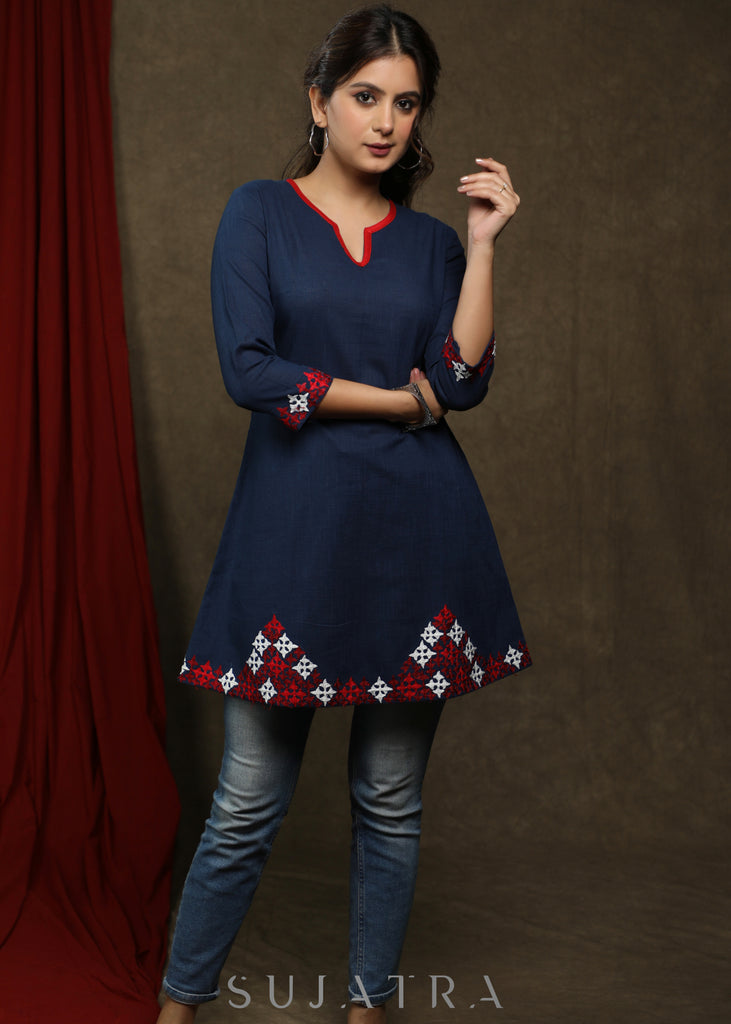 Casual navy blue cotton tunic with embroidery