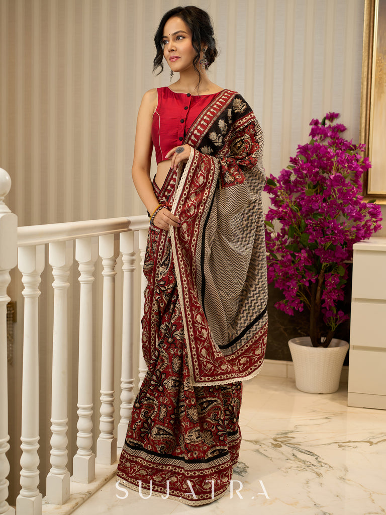 Maroon magic in bold paisley hand block prints on cotton saree