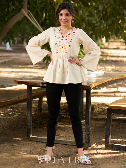 Off White Handloom Cotton Top with Intricate Hand Embroidered Floral Yoke & Elegant Hakoba Sleeves