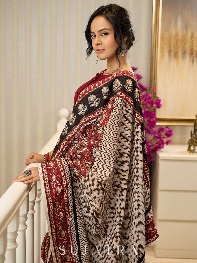 Maroon magic in bold paisley hand block prints on cotton saree