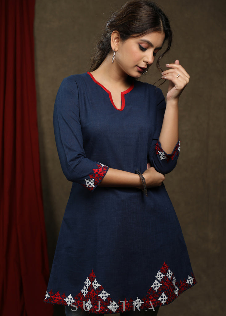 Casual navy blue cotton tunic with embroidery