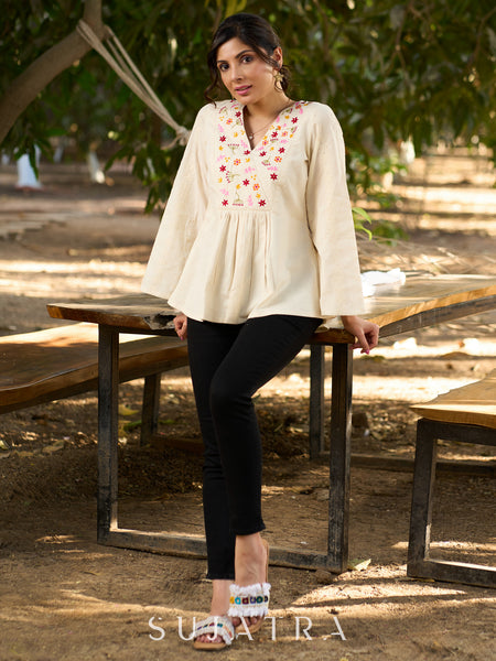Off White Handloom Cotton Top with Intricate Hand Embroidered Floral Yoke & Elegant Hakoba Sleeves