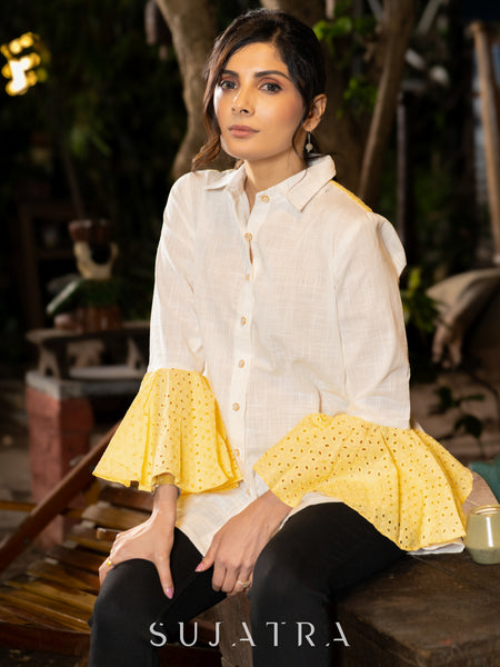 Whimsical White Cotton Shirt with Yellow Hakoba Ruffle Sleeves & Yoke