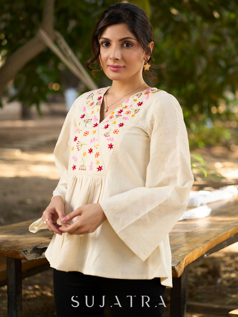 Off White Handloom Cotton Top with Intricate Hand Embroidered Floral Yoke & Elegant Hakoba Sleeves