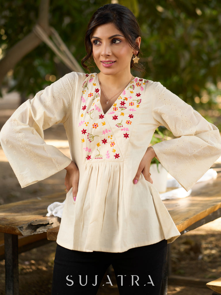 Off White Handloom Cotton Top with Intricate Hand Embroidered Floral Yoke & Elegant Hakoba Sleeves