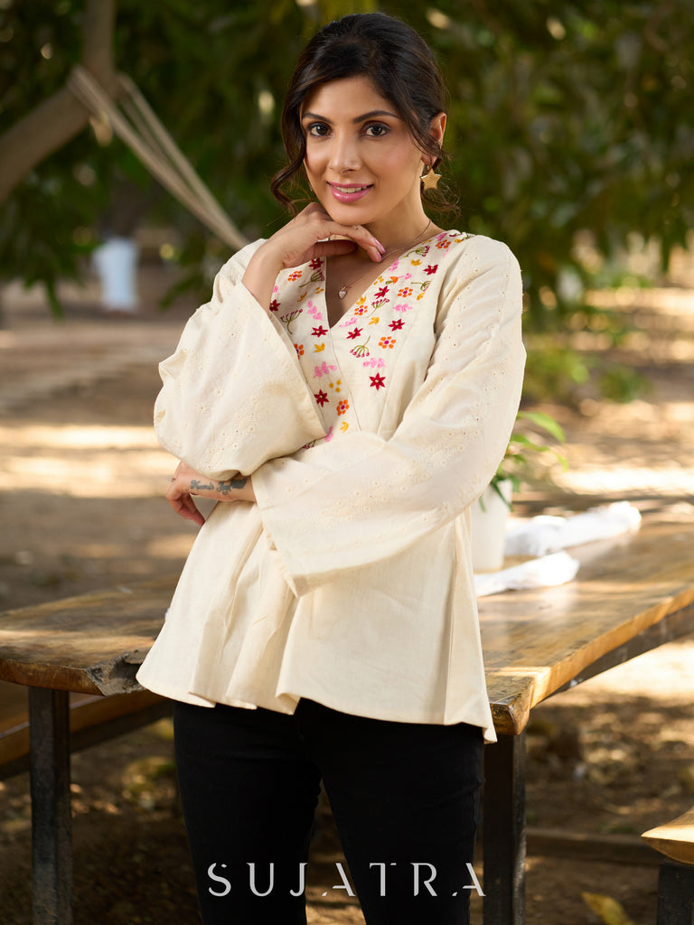 Off White Handloom Cotton Top with Intricate Hand Embroidered Floral Yoke & Elegant Hakoba Sleeves