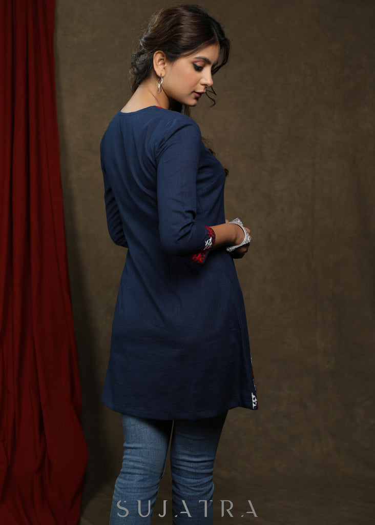 Casual navy blue cotton tunic with embroidery