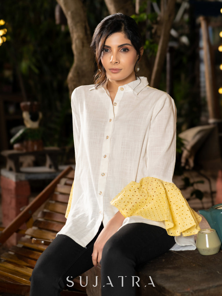 Whimsical White Cotton Shirt with Yellow Hakoba Ruffle Sleeves & Yoke