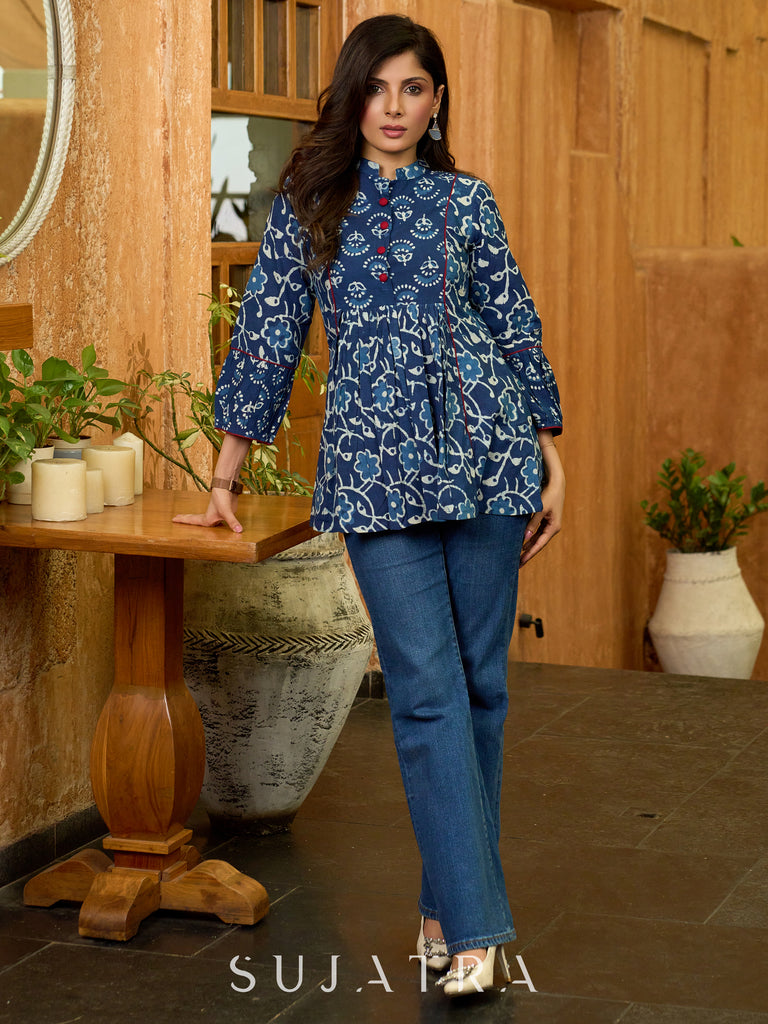 Classic Indigo Gathered Cotton Top with Bold Maroon Trim
