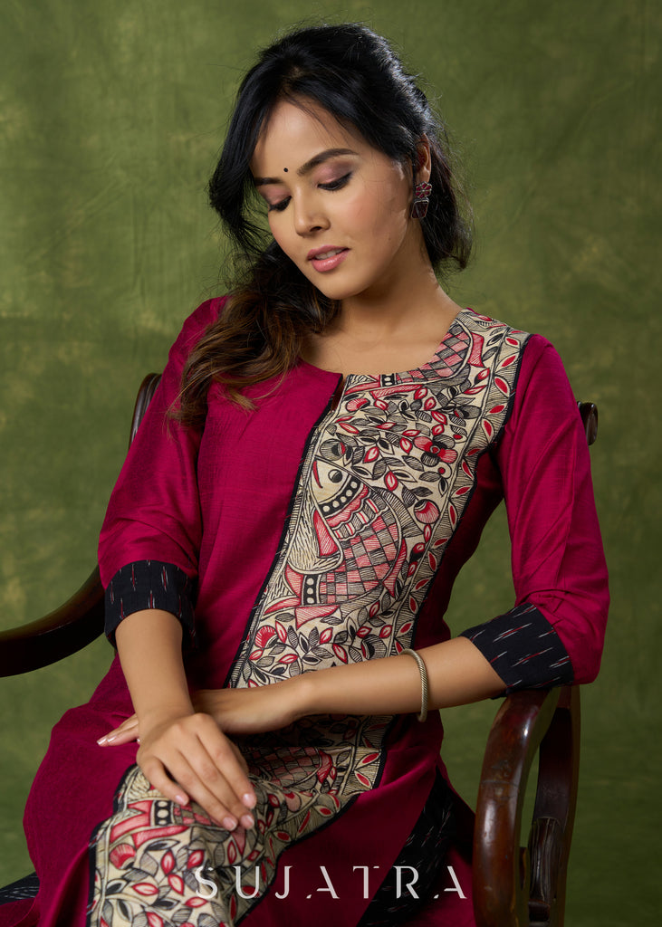 Classic Magenta Cotton Silk Kurta With Hand Painted Madhubani Panel - Pant Additional