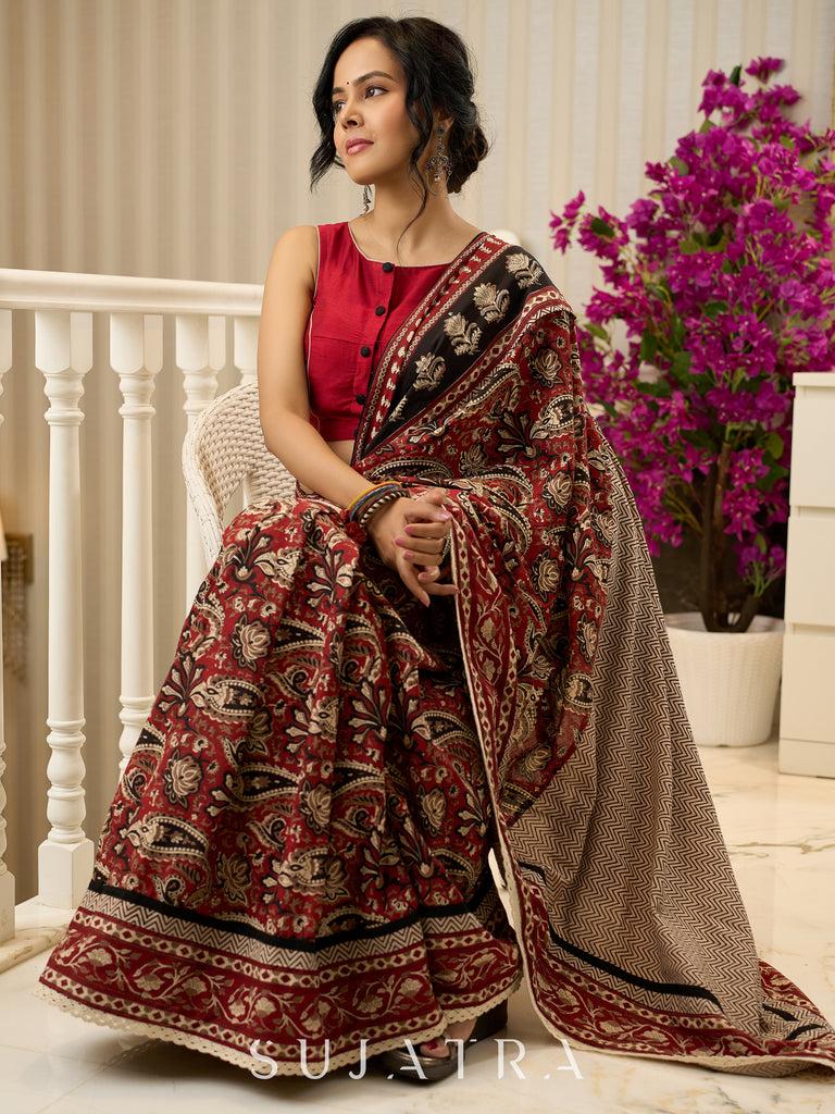 Maroon magic in bold paisley hand block prints on cotton saree