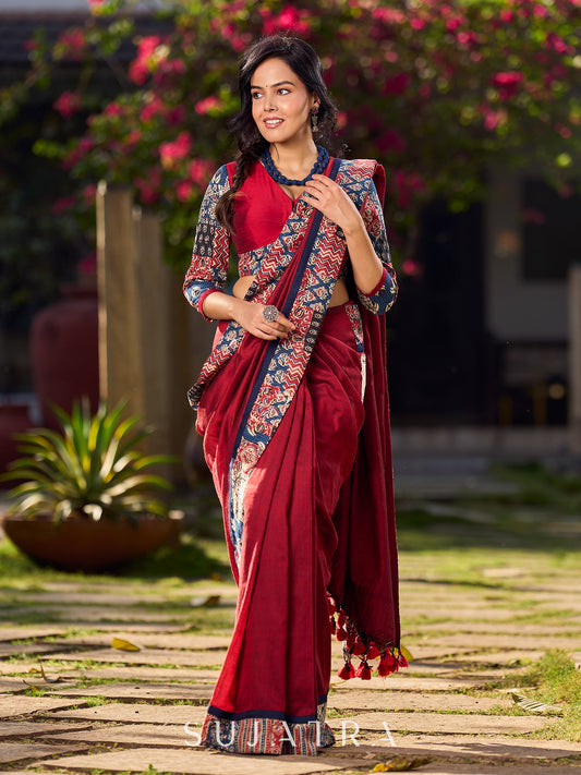 Classy Maroon Cotton Saree with Vibrant Ajrakh Kantha Patchwork Border