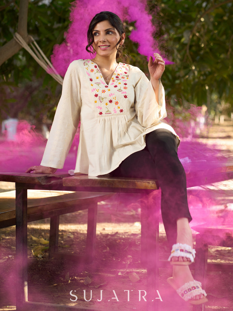 Off White Handloom Cotton Top with Intricate Hand Embroidered Floral Yoke & Elegant Hakoba Sleeves