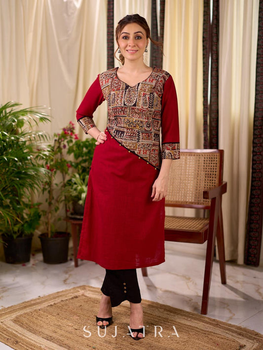 Deep Maroon Cotton Kurta with Asymmetric Kalamkari Print Yoke and Cuff Detail