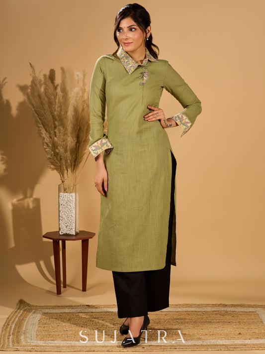 Meadow Mint Slub Kurta with Artistic Cuffs and Twisted Collar