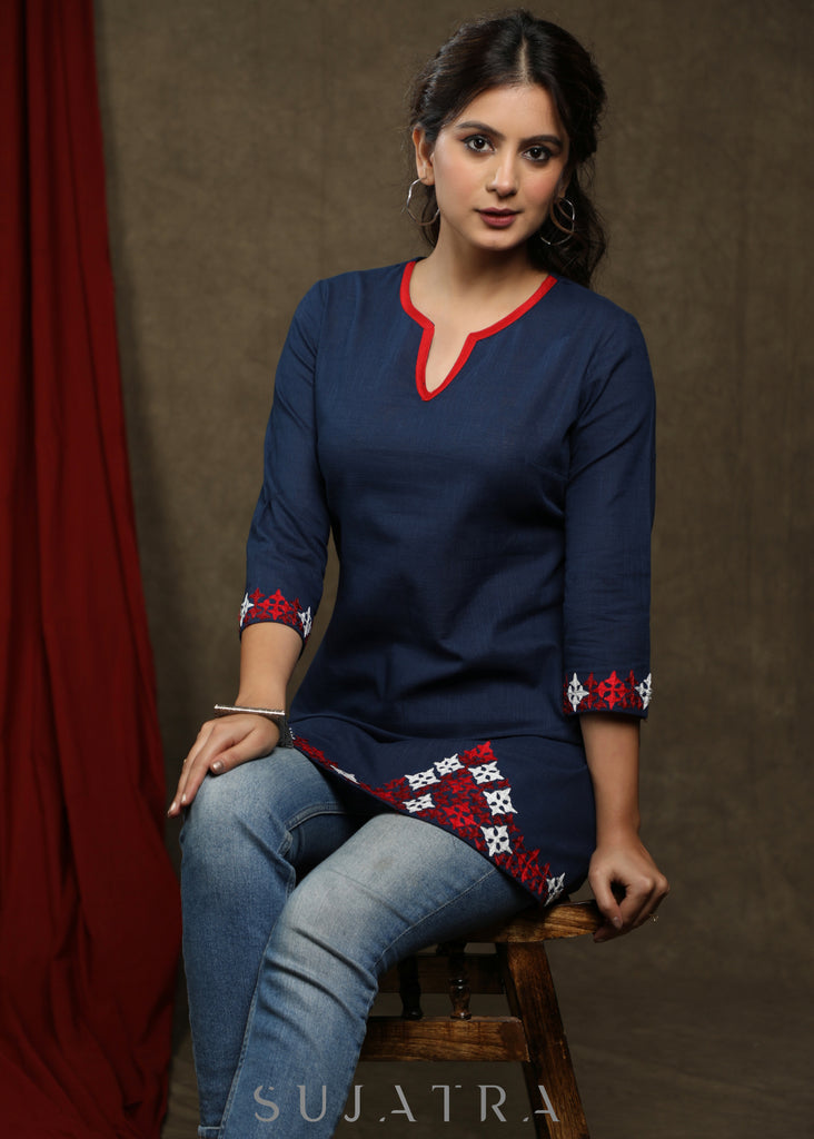 Casual navy blue cotton tunic with embroidery