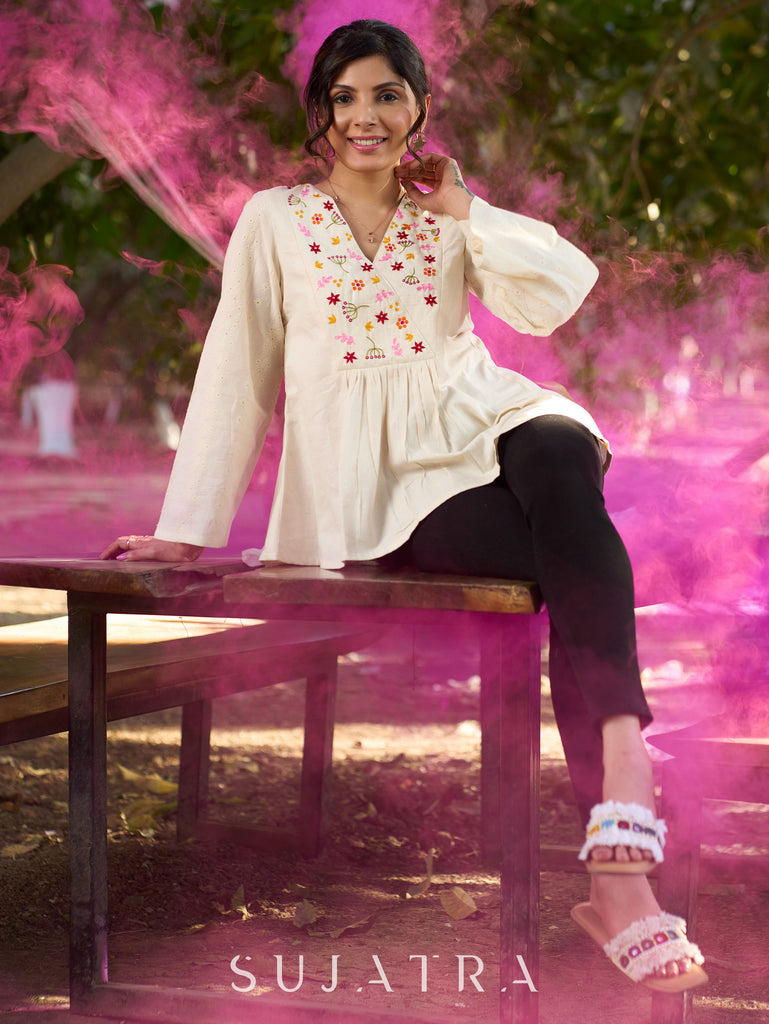 Off White Handloom Cotton Top with Intricate Hand Embroidered Floral Yoke & Elegant Hakoba Sleeves