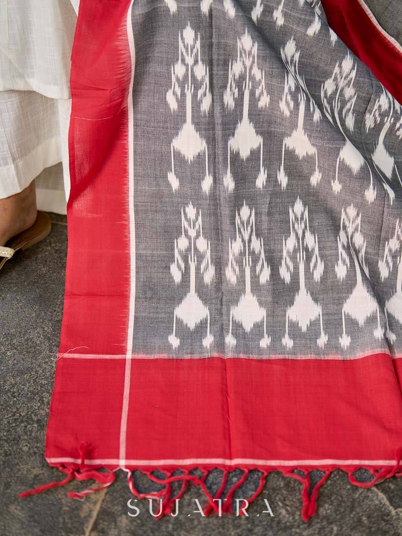 Graceful Grey & Red Combination Ikat Cotton Dupatta