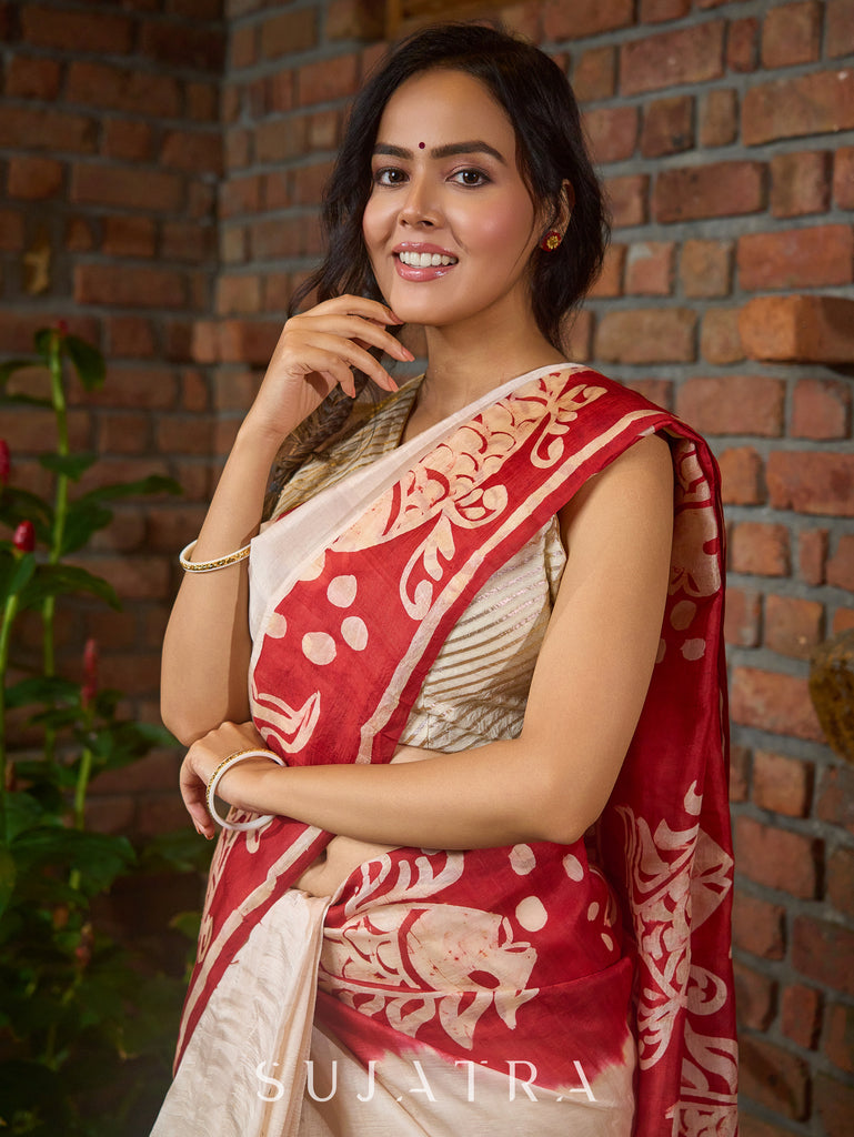 Pure silk masterpiece saree with statement fish patterns