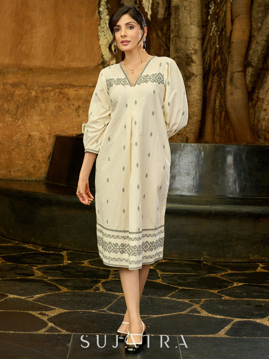 Classic White V-Neck Jamdani Weave Dress