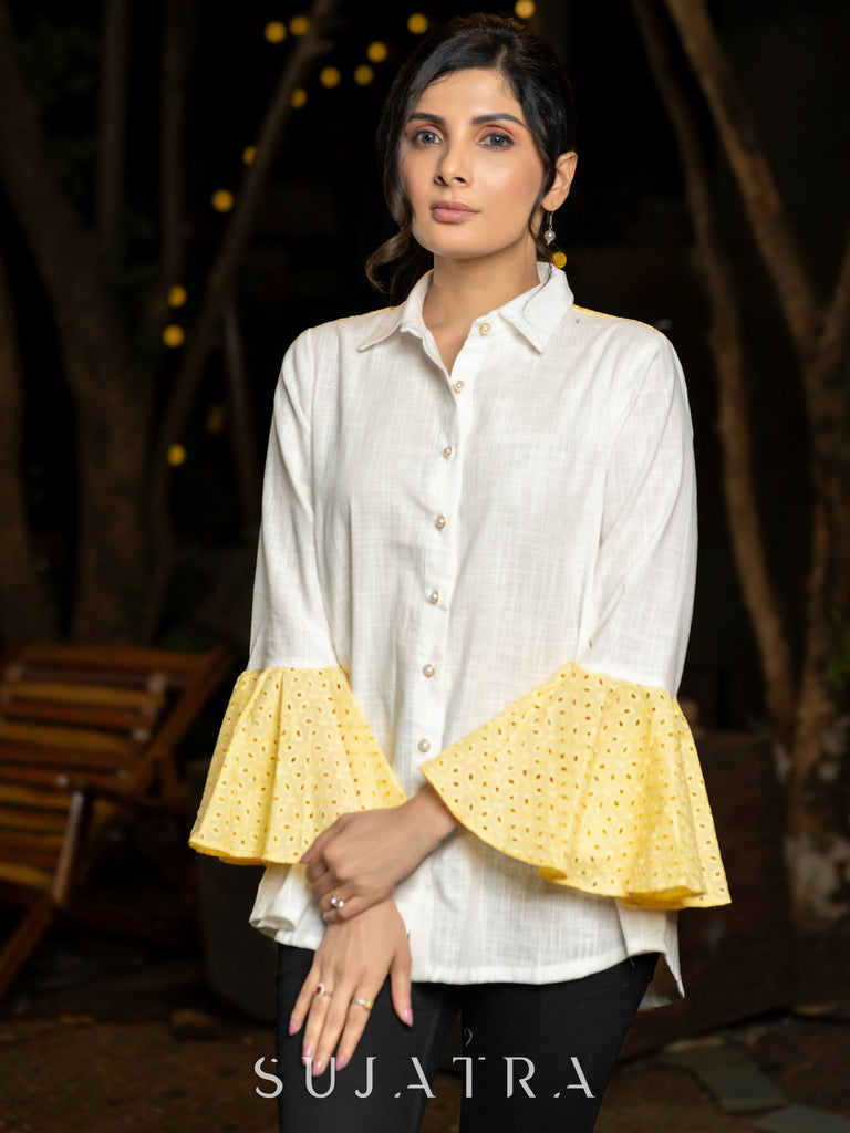 Whimsical White Cotton Shirt with Yellow Hakoba Ruffle Sleeves & Yoke