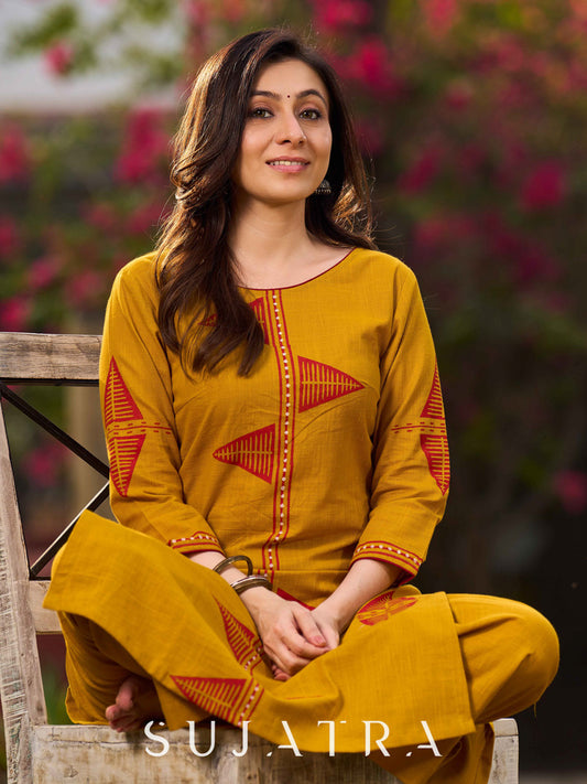 Mustard Cotton Kurta With Hand Block Printed Geometric Motifs & Border Detailing