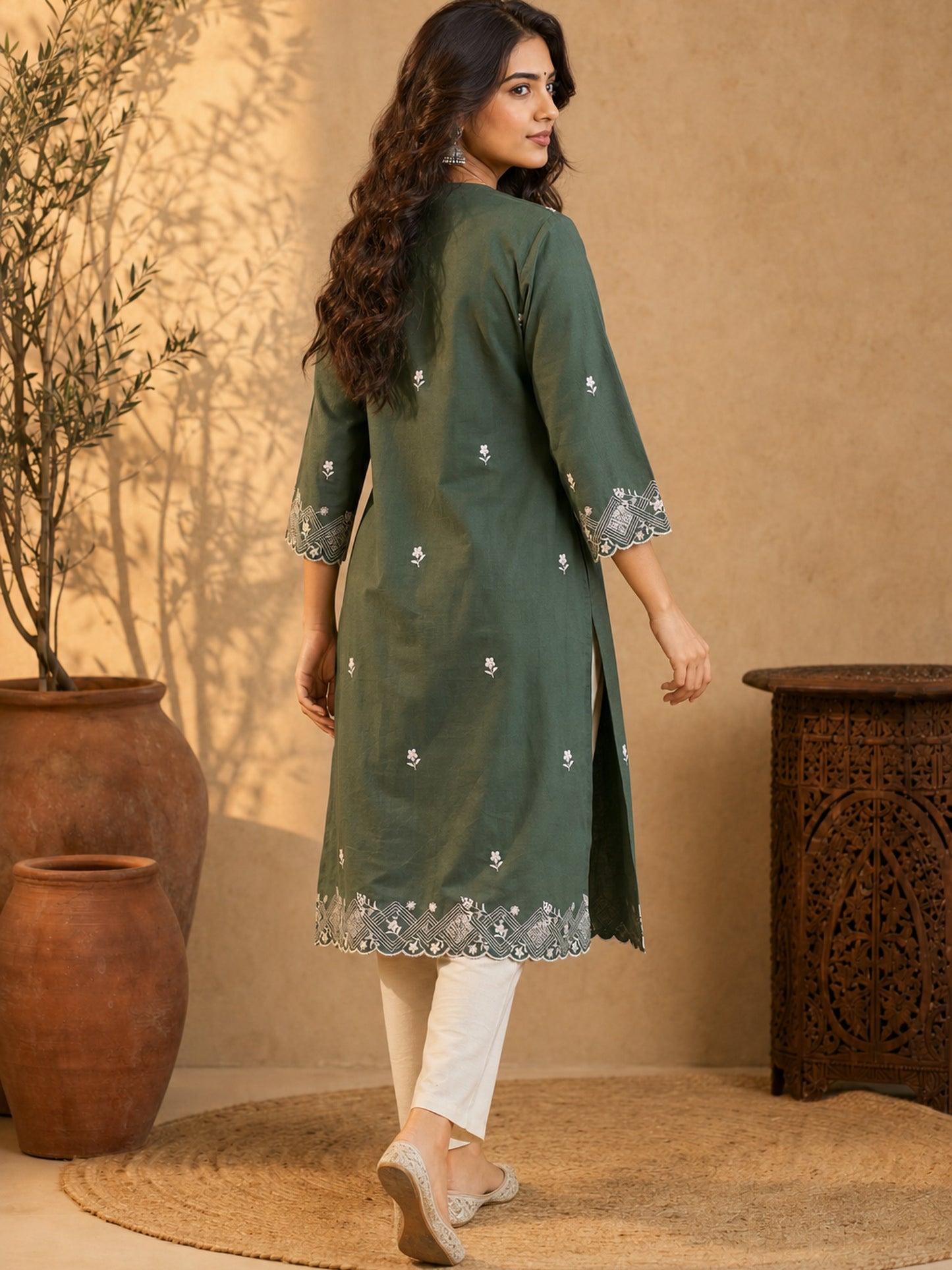 Sage Green Chanderi Kurta with Self Embroidered Hem & Sleeves