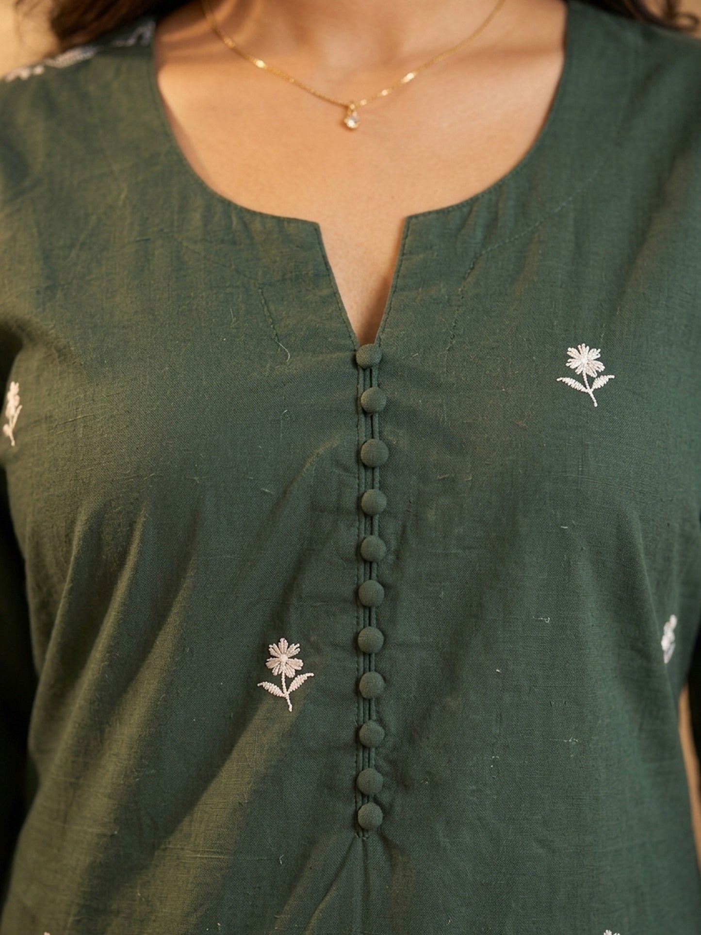 Sage Green Chanderi Kurta with Self Embroidered Hem & Sleeves