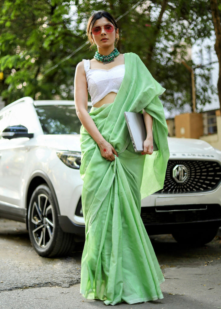 Breathable pista green plain Cotton saree with Chikankari blouse