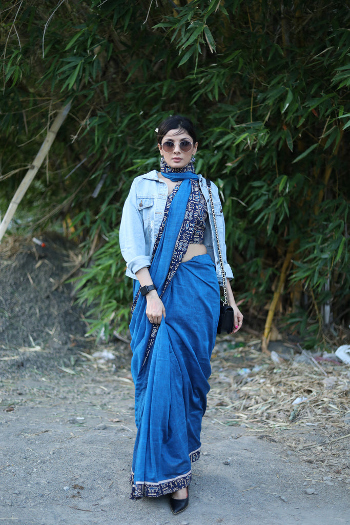 Classy royal blue Cotton saree with animal print border and fish painted motif