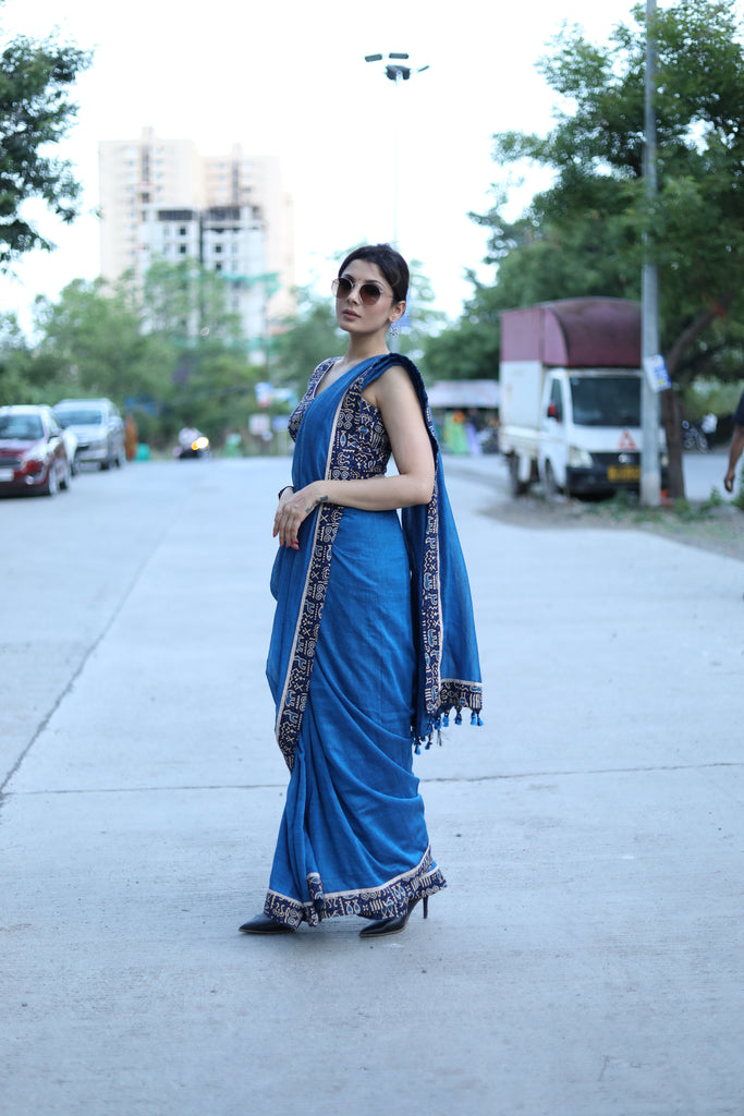 Classy royal blue Cotton saree with animal print border and fish painted motif