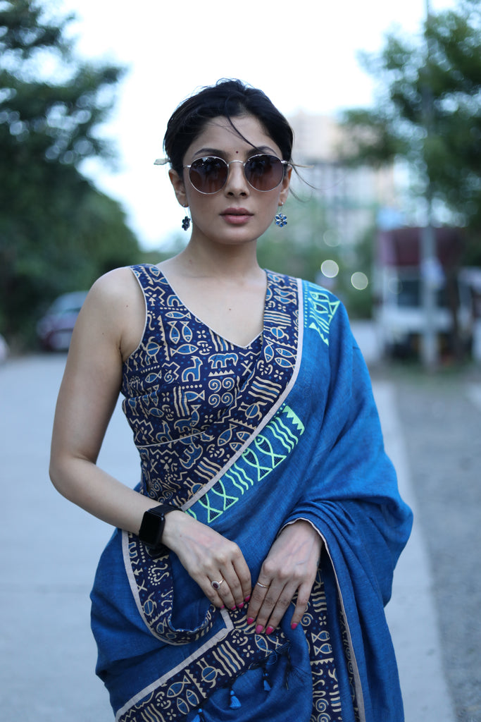 Classy royal blue Cotton saree with animal print border and fish painted motif