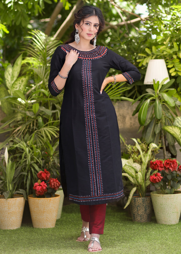 Exclusive Straight Cut Black Cotton Silk Hand Painted Kurta - Cotton Silk Pant Optional