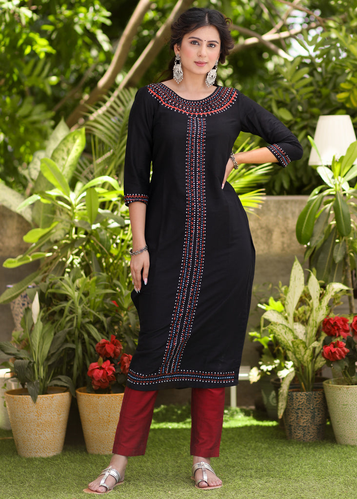 Exclusive Straight Cut Black Cotton Silk Hand Painted Kurta - Cotton Silk Pant Optional