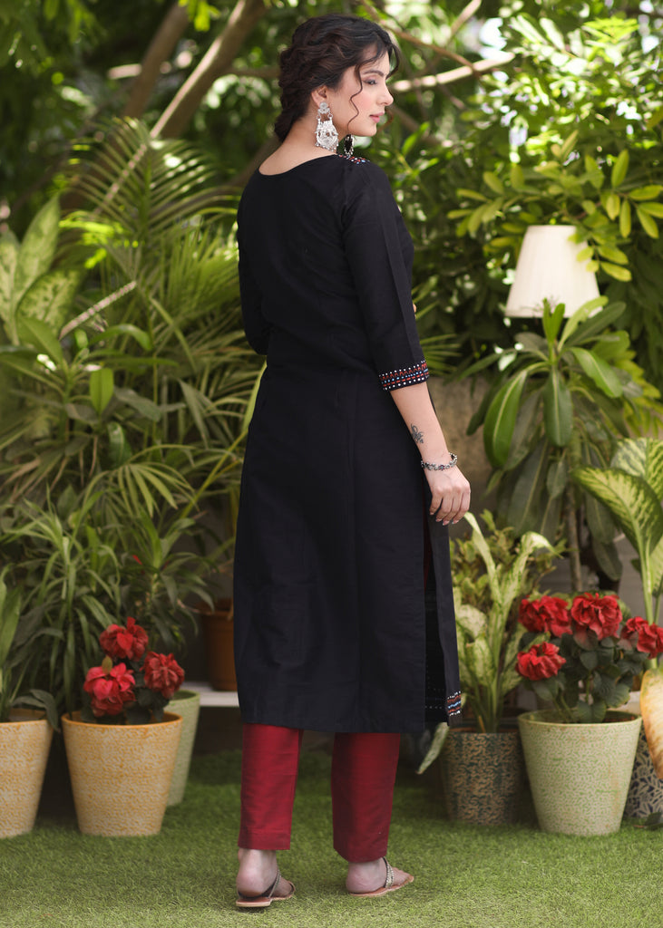 Exclusive Straight Cut Black Cotton Silk Hand Painted Kurta - Cotton Silk Pant Optional