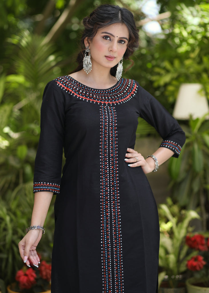 Exclusive Straight Cut Black Cotton Silk Hand Painted Kurta - Cotton Silk Pant Optional