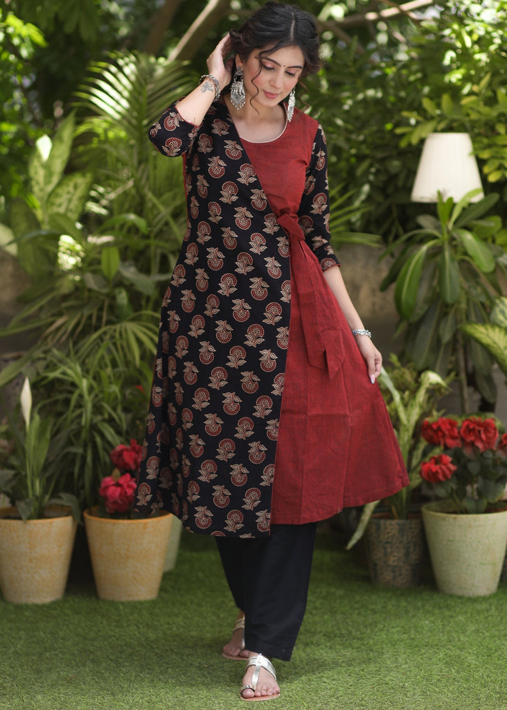 Trendy Cotton Ajrakh Combination Overlap Kurta- Pant Optional