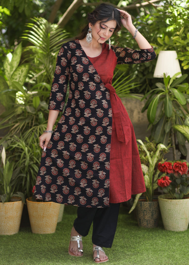 Trendy Cotton Ajrakh Combination Overlap Kurta- Pant Optional