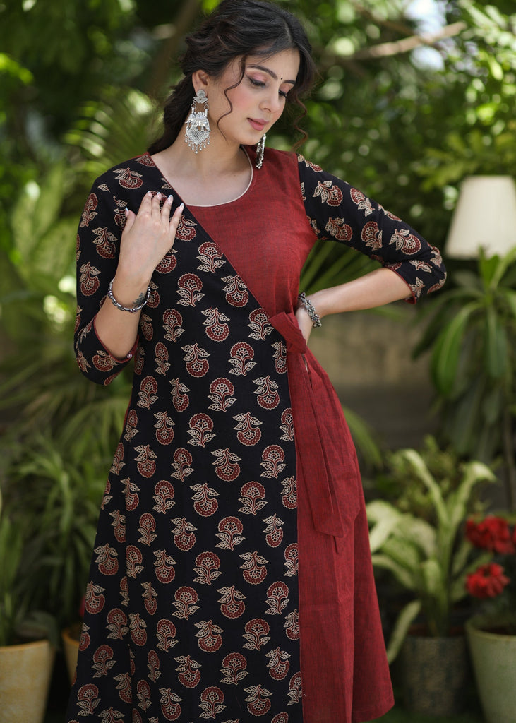 Trendy Cotton Ajrakh Combination Overlap Kurta- Pant Optional